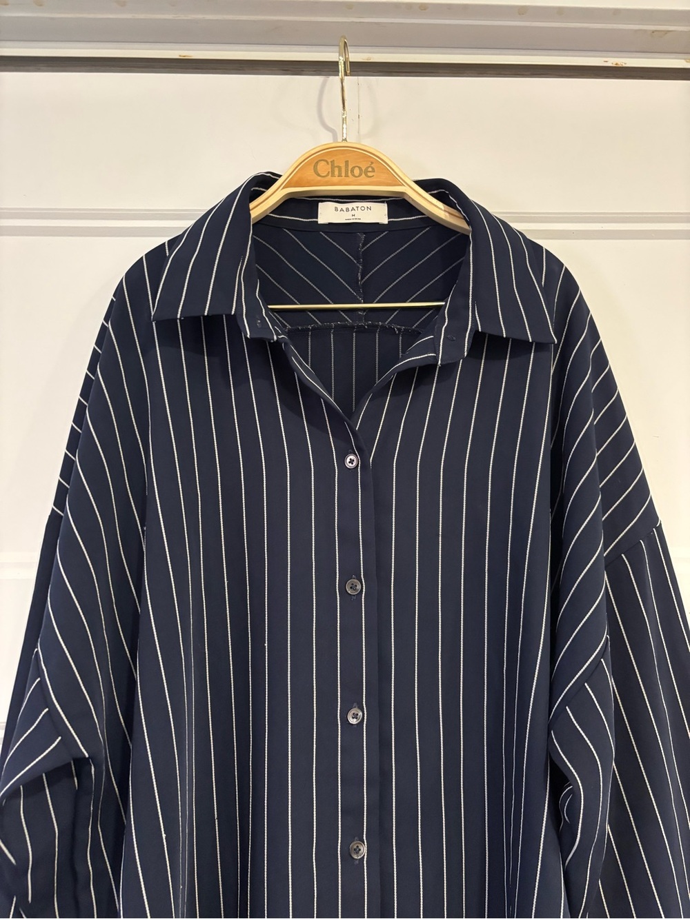 Babaton Navy and White Vertical-Stripe Button Down Shirt Medium